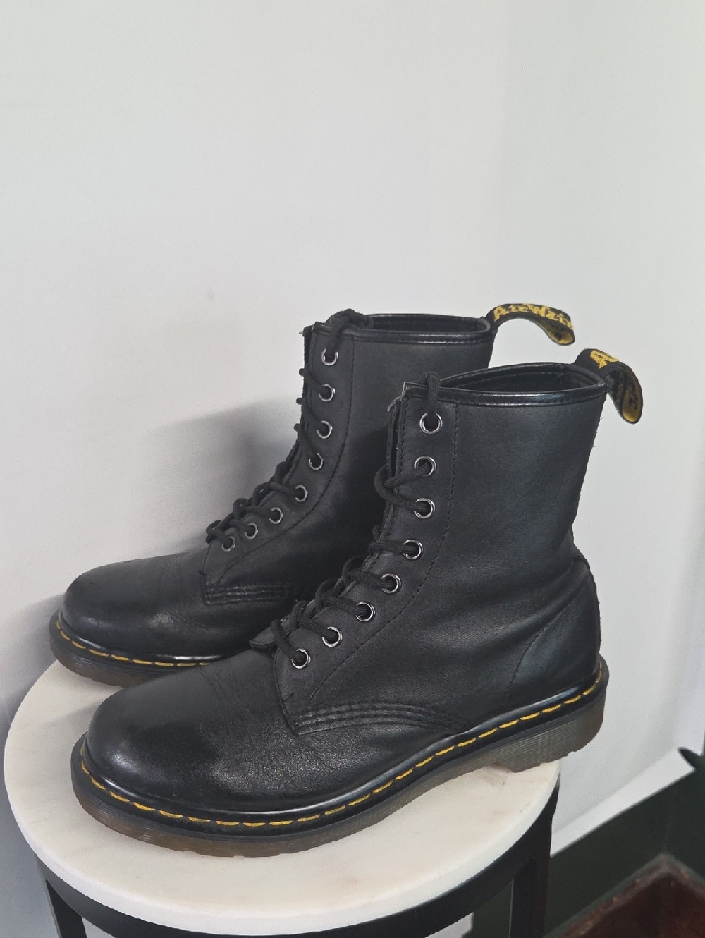Dr. Martens Black Leather 8-Eye Lace Boots with Yellow Stitching Size 8 - Picture 1 of 8